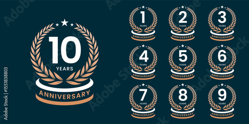 Set of vector icon or logo designs for 1st to 10th anniversary with laurel wreath, in gold color for celebrations, weddings and birthdays