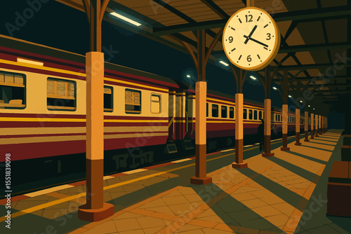 The image shows a nighttime scene at a Thai train station platform. The platform is covered with a roof supported by wooden pillars, casting long, warm-colored shadows onto the tiled floor due to arti