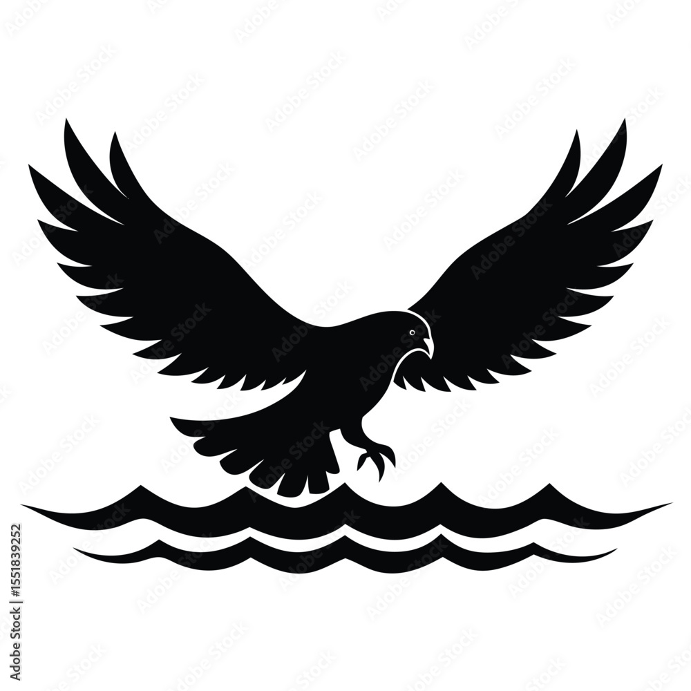 Fototapeta premium Silhouette of an eagle with wings spread over wavy water mark