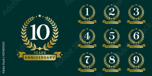 Set of vector icon or logo designs for 1st to 10th anniversary with laurel wreath, in gold color for celebrations, weddings and birthdays