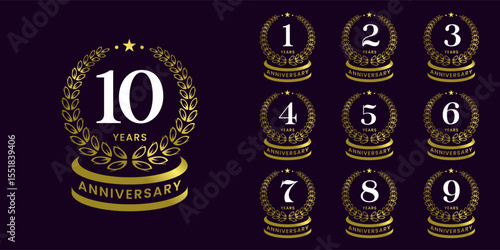 Set of vector icon or logo designs for 1st to 10th anniversary with laurel wreath, in gold color for celebrations, weddings and birthdays