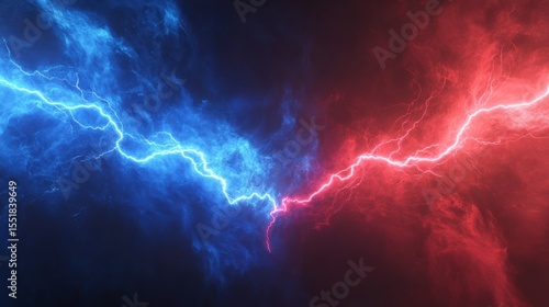 Abstract image of blue and red lightning colliding in a dark sky.