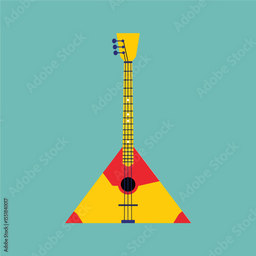 A vibrant, graphic illustration of a yellow and red balalaika set against a solid teal background. Vector minimalist