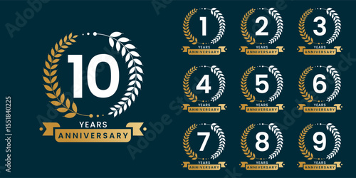 Set of vector icon or logo designs for 1st to 10th anniversary with laurel wreath, in gold color for celebrations, weddings and birthdays