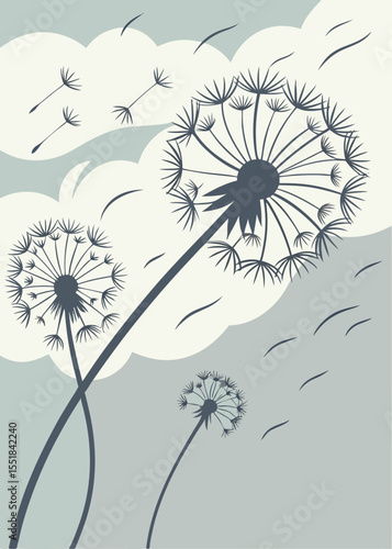 Vector illustration of dandelion seeds drifting through the sky with a soft and dreamy visual style