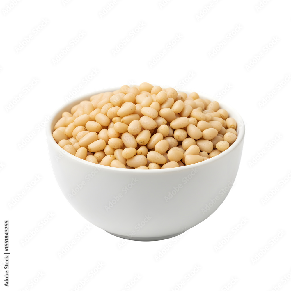 A white bowl filled with peeled pine nuts showcasing their light beige color and oval shape isolated on transparent background A white bowl filled with peeled pine nuts showcasing their light beige color and oval shape isolated on transparent background