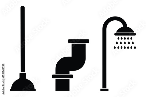 Simple Black and White Plumbing and Bathroom Icons. Three basic black silhouette icons representing plumbing fixtures: a plunger, a drain pipe, and a shower head.