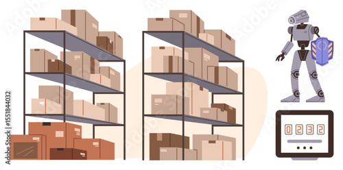 Warehouse shelves stacked with boxes, robot handling package, and digital counter display. Ideal for logistics, automation, e-commerce, technology, robotics inventory future business. Simple flat