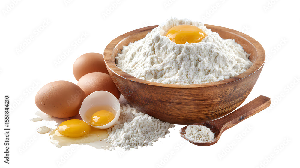 Bowl of flour and eggs isolated on a white background Bowl of flour and eggs isolated on a white background