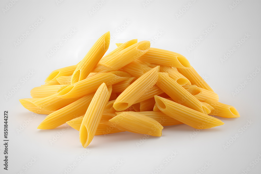 Fototapeta premium Raw yellow penne pasta on gray background. Uncooked penne rigate pasta scattered on neutral surface. Ideal for Italian cuisine, recipe design, or packaging.