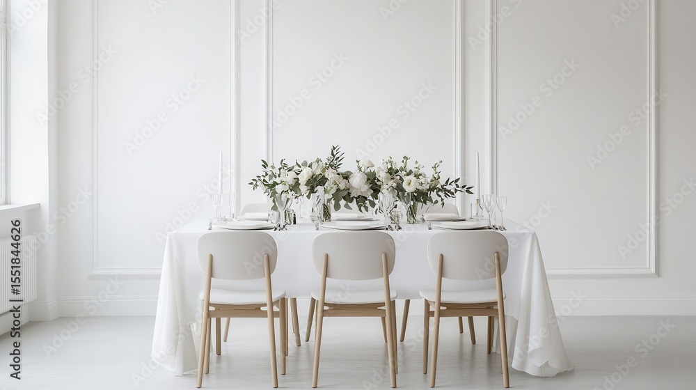Modern minimalist wedding reception with allwhite decor, simple yet elegant floral arrangements, and soft ambient lighting Modern minimalist wedding reception with allwhite decor, simple yet elegant floral arrangements, and soft ambient lighting