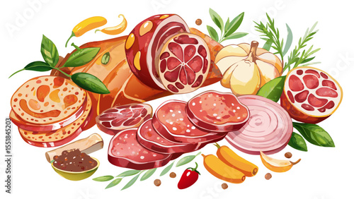 This watercolor scene brings harmony between spicy salami, rich ham, and perfectly sliced cold cuts. Floating over a white background, the artwork speaks of gourmet flavors and European culinary herit