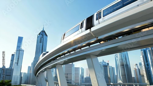 Modern monorail traverses urban skyline.