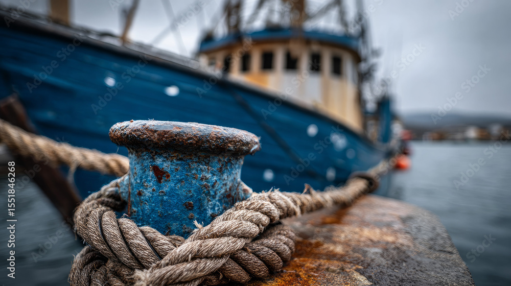 Obraz premium A close-up shows a fishing boat moored in a port, bound to a dock bollard with a rope and anchor. Nautical vessel used for maritime transport and the work of fishermen. 