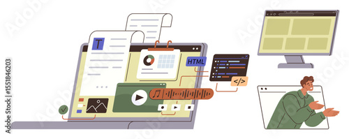 Laptop with coding dashboard, analytics, multimedia, HTML files, team collaboration, and monitor screen. Ideal for IT, web design, development education data analysis communication simple flat