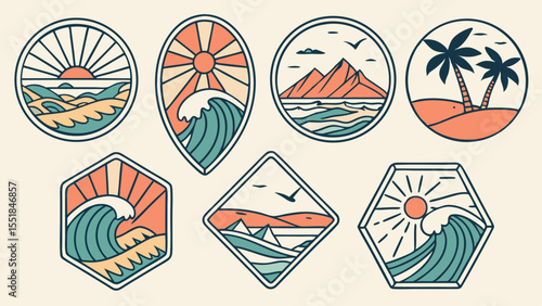 retro coastal scenery badge collection vector illustration of a set of travel icons isolated on of white background.