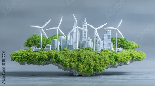 Three wind turbines situated on a patch of green moss against an urban cityscape represent the integration of sustainable energy and urban renewal