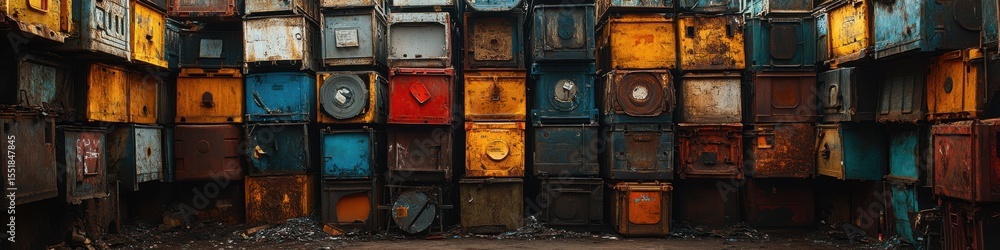 Naklejka premium Colorful stacked industrial containers in an urban setting.