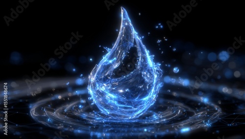 A digital blue water droplet icon incorporating binary code symbolizes the modern approach to sustainable water resource management through hydrology modeling and stock analysis, also representing
