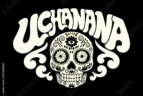 A vibrant graphic design featuring a sugar skull, traditionally associated with the Day of the Dead, adorned with intricate orange and yellow floral patterns.