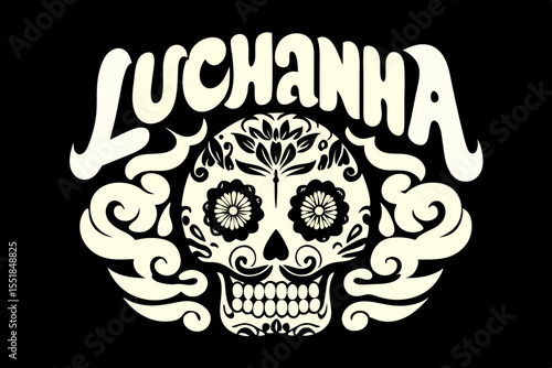 A vibrant graphic design featuring a sugar skull, traditionally associated with the Day of the Dead, adorned with intricate orange and yellow floral patterns.