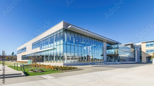 Contemporary School Building with Transparent Glass Facade, Sunlit Modern Educational Architecture Featuring Reflective Exterior and Sustainable Design in Academic Environment