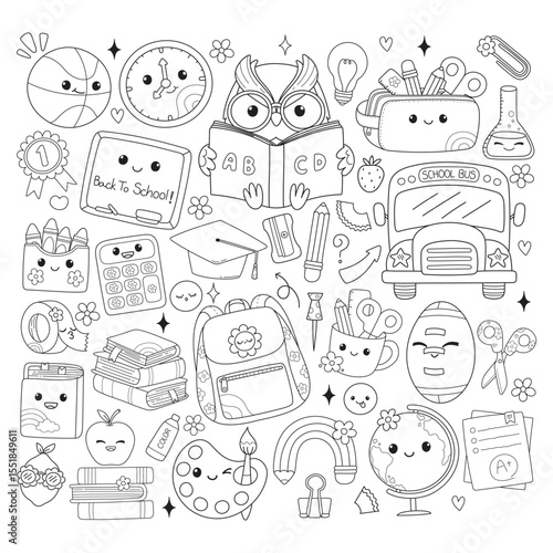 Cute Back to School, Teacher Elements Doodle Cartoon Style Hand Drawn Outline Coloring Page Vector