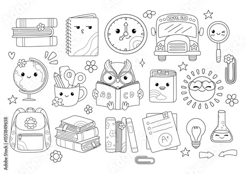Cute Back to School, Teacher Elements Doodle Cartoon Style Hand Drawn Outline Coloring Page Vector