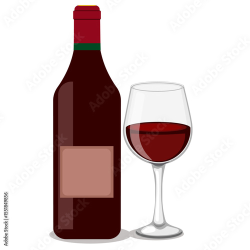 glass goblet with red wine and bottle