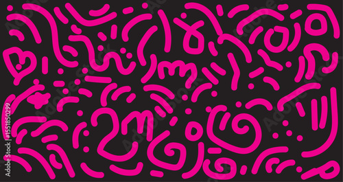 A black background filled with bright pink abstract shapes and lines in a chaotic and playful arrangement