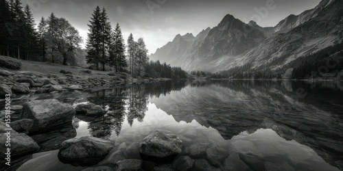 Mountain lake reflects towering peaks and lush forest during early morning hours in monochrome beauty