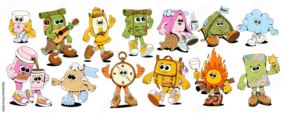 Obraz premium Camping Retro Groovy Cartoon Characters. Backpack, Tent, Fire, Marshmallow, Map, and Outdoor Items with Retro 70s Vibe