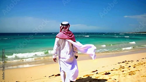 Saudi - Middle eastern man in traditionnal clothes walking on the beach
