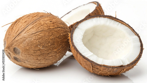 Whole and halved coconut with white flesh and brown husk on white background
