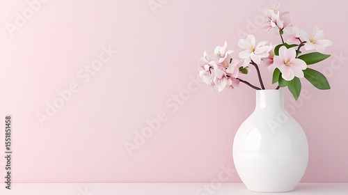 Delicate Pink Blossoms in White Vase Against Pale Pink Wall