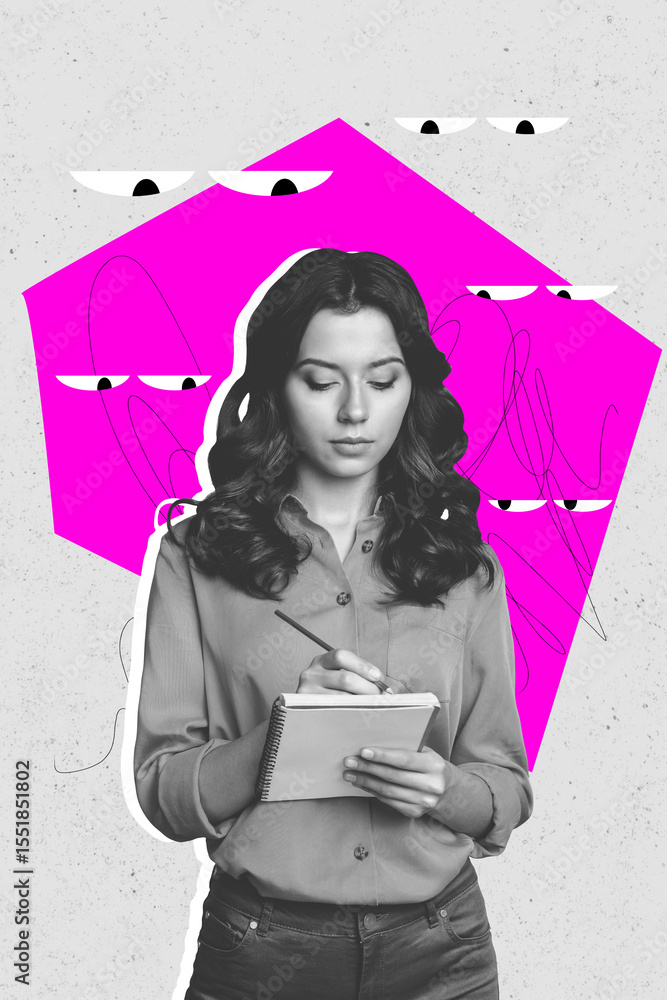 Fototapeta premium Template poster trend artwork photo collage of young woman stand hand hold notebook write report eyes watch see focus security spy search