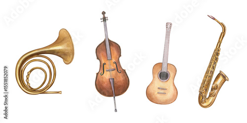 Fotografie Musical set with contrabass, saxophone, guitar and French horn watercolor illustration isolated background