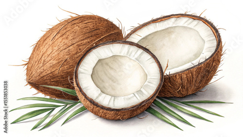 Two halves of a fresh coconut and a whole coconut with green leaves