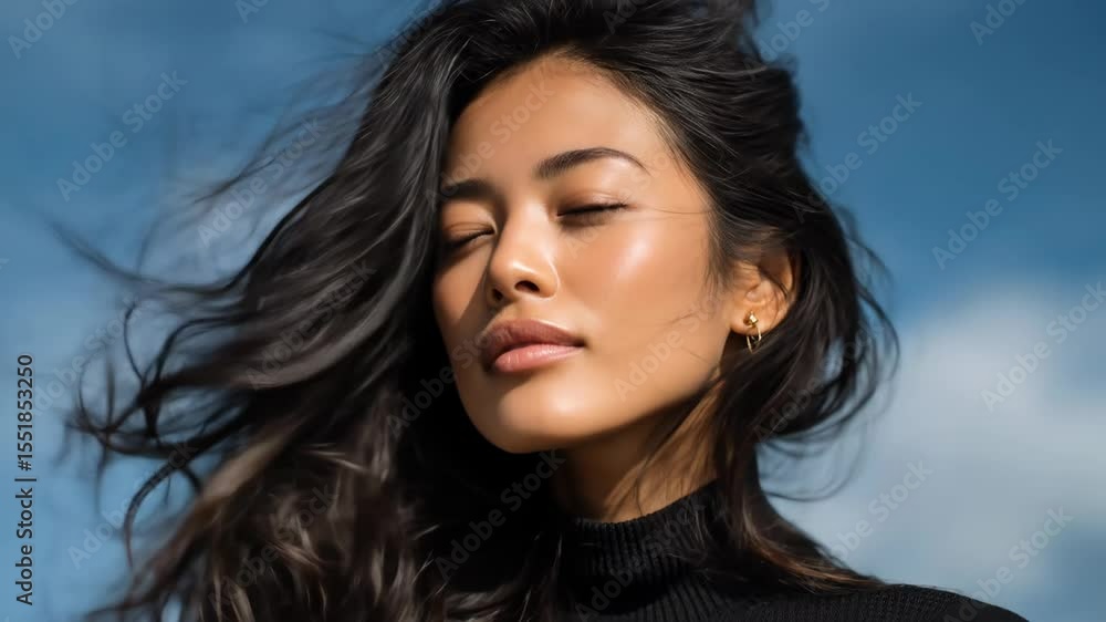Artistic close-up of a beautiful woman with long black hair in the wind, looking into the distance under a bright blue sky. Fashion and beauty concept.
Artistic close-up of a beautiful woman with long black hair in the wind, looking into the distance under a bright blue sky. Fashion and beauty concept.