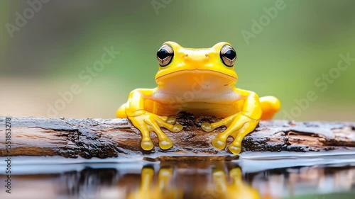 Yellow frog amphibian animal nature water branch closeup macro tropical vibrant wet reflection wildlife rainforest green background exotic wild eyes cute detailed natural habitat sitting wet branch