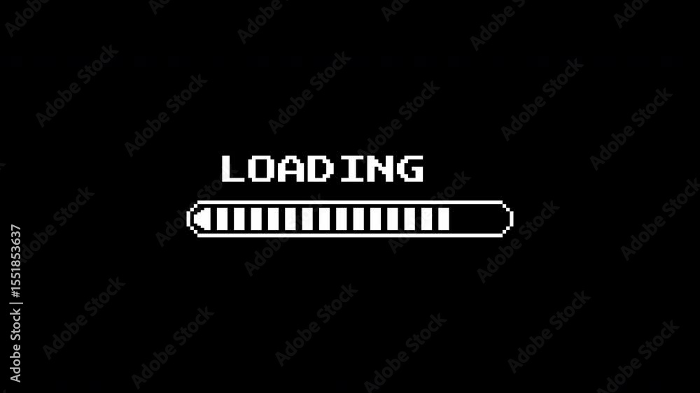 White pixel art loading animation, 8-bit retro game start, download bar screen