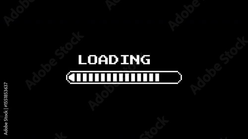 White pixel art loading animation, 8-bit retro game start, download bar screen
