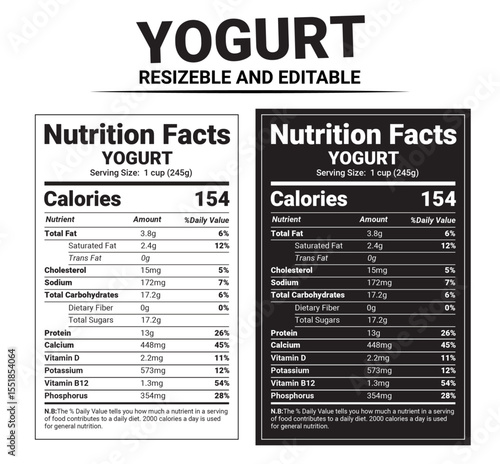 Yogurt Nutrition Facts Label Template, Editable, Printable, High-Resolution Black and White Design
