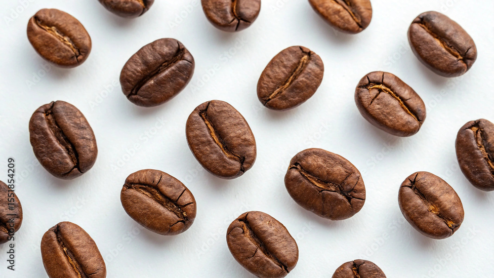 A pattern of rich brown roasted coffee beans scattered on a white background A pattern of rich brown roasted coffee beans scattered on a white background
