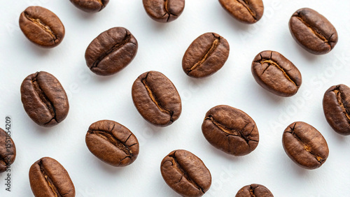 A pattern of rich brown roasted coffee beans scattered on a white background