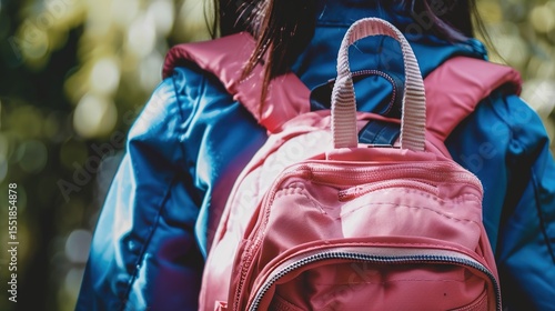 Close-Up of Colorful Elementary Student Backpack with School Supplies, Zipper Details and Texture for Back to School Concept, Brand Placement Space, Childhood Education Accessory