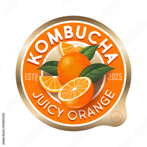 Kombucha label. Orange flavor. Circle label for refresh drink with letters and orange fruits inside.