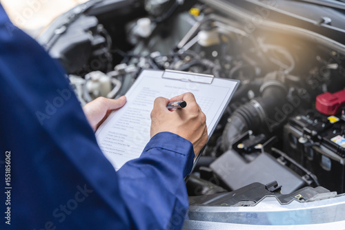 Auto check up and car service shop concept. Mechanic writing job checklist to clipboard to estimate repair quotation to client at workshop garage.