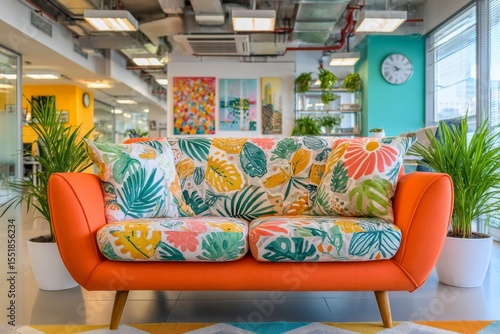 This co working space boasts a unique setup featuring modular furniture, bold colors, and dynamic artwork