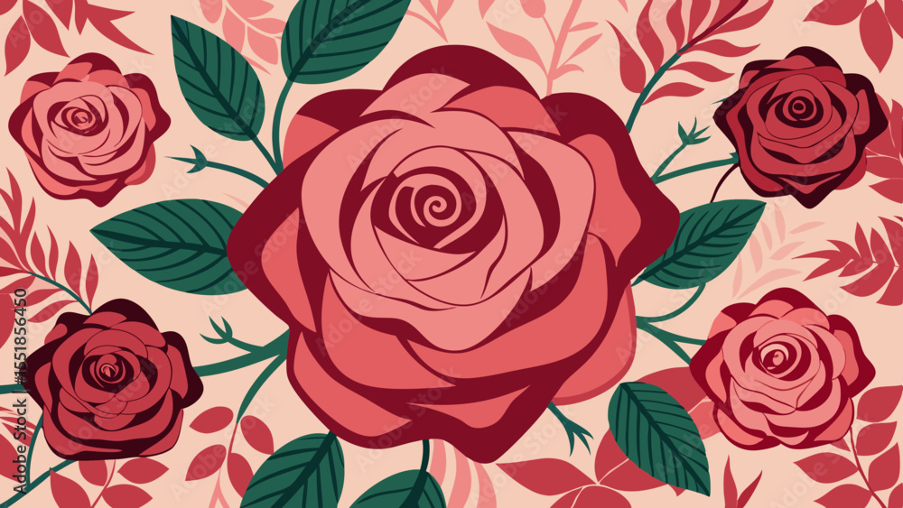 Elegant Floral Pattern with Red and Pink Roses and Lush Greenery Elegant Floral Pattern with Red and Pink Roses and Lush Greenery
